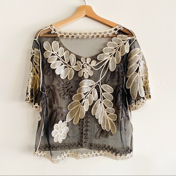 Vintage Simply Couture Floral Mesh Sequined Blouse Top Jacket Black & Ivory L - Picture 6 of 9